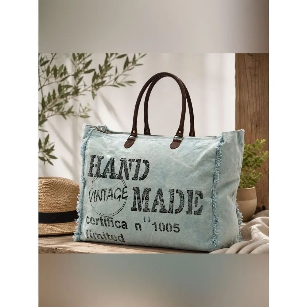 Myra Bag Handmade Travel Tote - Light Blue and Brown